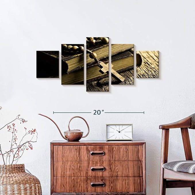 Elephant Stock Bible And Cross Wall Art Multi Piece Canvas - 5 Panel Christian Pictures Decor - Digital Design Canvas Print - Christian Wall Decor - 29" X 12"