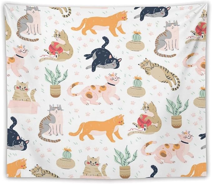 VUMIVI Cute Cat Tapestry Kids Hand-Painted Doodles Colorful Illustrations Potted Plants Paw Prints Tapestry Wall Hanging for Living Room Bedroom Dorm Classroom Aesthetic Decor W60xL50in
