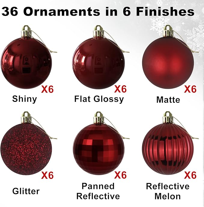 GameXcel Christmas Balls Ornaments for Xmas Tree - Shatterproof Christmas Tree Decorations Small Hanging Ball Wine Red 1.6 Inch x 36 Pack