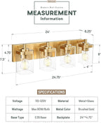 Bathroom Light Fixtures, 25" Brushed Gold Vanity Light, 4-Light Modern Wall Sconces with Square Clear Glass Shade, Vanity Lighting Fixtures Over Mirror, VL194-BG-4