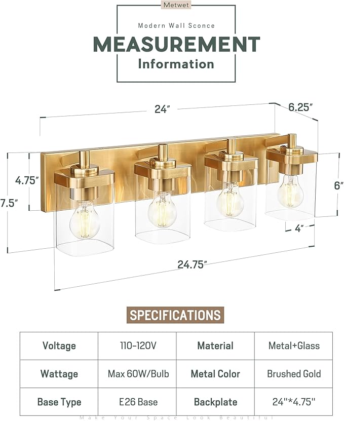 Bathroom Light Fixtures, 25" Brushed Gold Vanity Light, 4-Light Modern Wall Sconces with Square Clear Glass Shade, Vanity Lighting Fixtures Over Mirror, VL194-BG-4