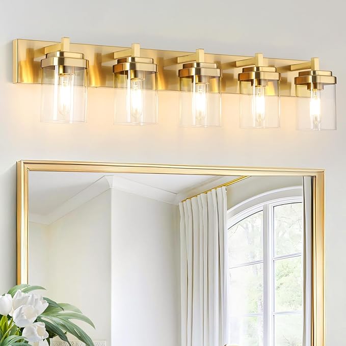 Vanity Light Fixture,5-Light Vanity Light for Bathroom,Brushed Gold Bathroom Vanity Lighting Over Mirror with Square Clear Glass Shade for Restroom