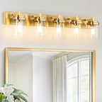 Vanity Light Fixture,5-Light Vanity Light for Bathroom,Brushed Gold Bathroom Vanity Lighting Over Mirror with Square Clear Glass Shade for Restroom