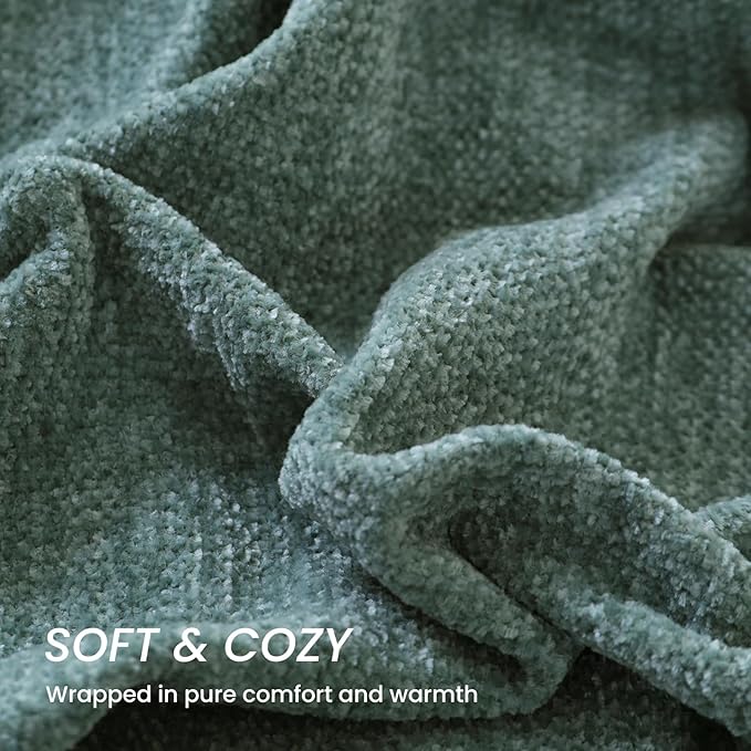 Sage Green Chenille Throw Blanket for Couch Bed，Soft Cozy Throw Blanket with Handmade Fringe, Decorative Blanket for Sofa Chair Living Room for Gift, (Sage Green)