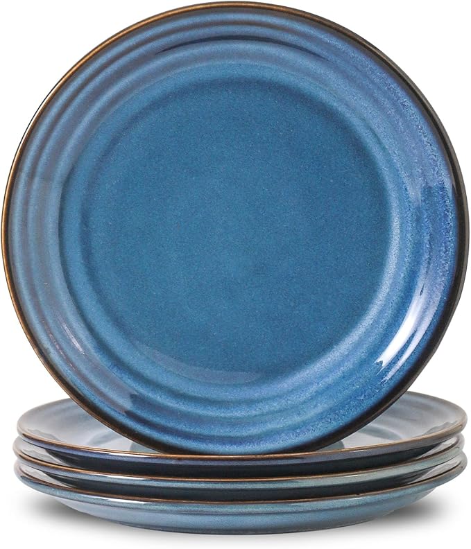 HASENSE Dessert Plates Set of 4, 8 Inch Porcelain Salad Dinner Plates Set for Kitchen, Flat Serving Dishes for Appetizer, Pasta, Side Dish, Snack, Microwave and Dishwasher Safe, Blue