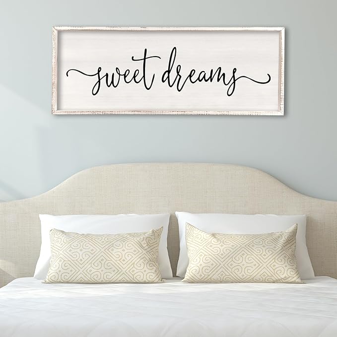 Surfapans Sweet Dreams Wall Decor Above Bed 40"x15" ofr Master Bedroom Guest Room Wood Rustic Framed Wall Art Sign (White)