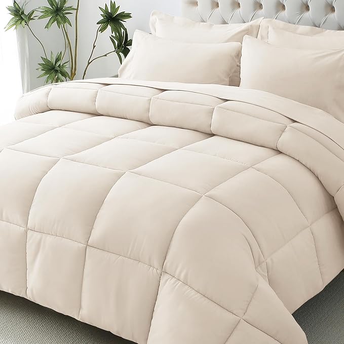 JOLLYVOGUE Full Comforter Set, Ultra-Soft Bed in a Bag Full Size 7 Pieces, Oeko-TEX Certified Bedding Set with Down Alternative Comforter, Sheets, Pillowcases & Shams, Beige