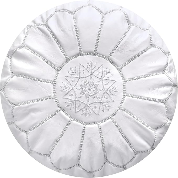 Poufs&Pillows Premium Moroccan Leather Pouf - Handmade - Delivered Stuffed - Ottoman, Footstool, Floor Cushion (White)