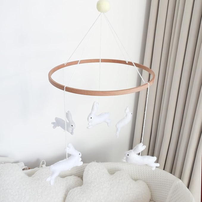 Felt Bunny Crib Mobile for Baby Girls Boys, Handmade Wooden Nursery Hanging Decor, Neutral Rabbit Baby Mobile for Crib Bassinet, Cute Crib Toys Hanging