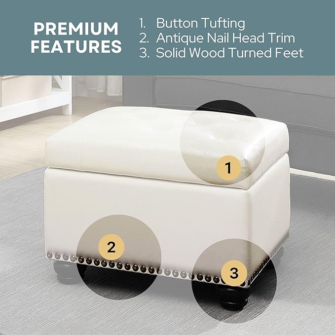 Convenience Concepts Designs4Comfort 5th Avenue Upholstered Storage Ottoman 24" - Contemporary Foot Stool and Seat with Hinged Lid for Living Room, Dining Room, Office, Den, Ivory Faux Leather