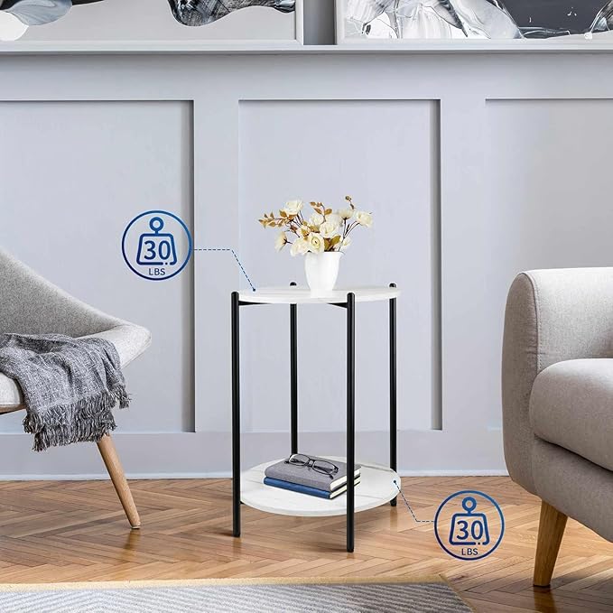 Small Round Side Table, 2-Tier Black End Table with Faux Marble Top, Modern Sofa Table for Small Spaces in Living Room, Couch, or Bedroom Nightstand (1 pcs Black, Round)