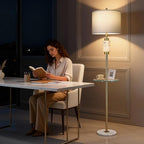 Modern Floor Lamp for Living Room with Glass Tray and Night Light, Alabaster Bedroom Lamp, Tall Lamp with Linen Shade, Marble Base Standing Lamp for Living Room,Bedroom,Office(Bulb Included)