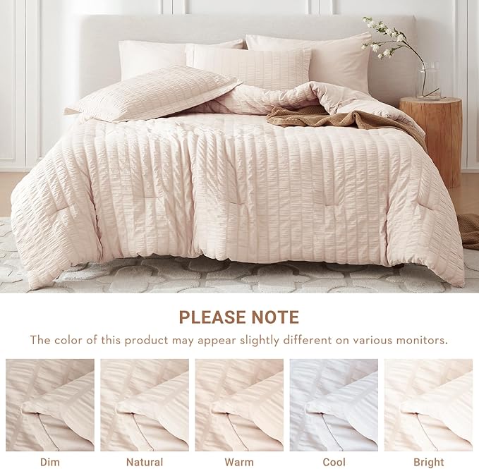 MUXHOMO 7 Pieces California King Comforter Set, Seersucker Bed in a Bag Cal King Size, All Season Luxury Bedding Set with Comforter, Flat Sheet, Fitted Sheet, Pillowcases & Shams, Beige