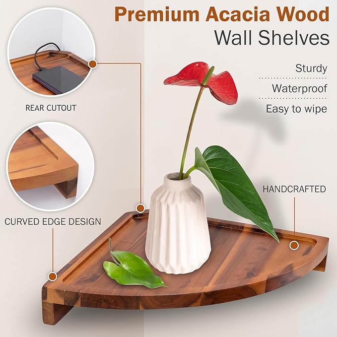 Demigo Floating Round Corner Shelves for Wall 2pcs - Acacia Wood Wall-Mounted Storage Shelves for Home Decor, Space Saving Displays for Living Room, Kitchen, Office, and Bedroom (Natural Brown)