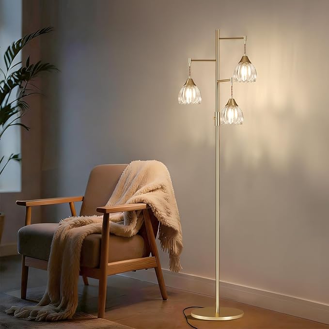 Dimmable Floor Lamp for Living Room, Bedroom, Gold Standing Lamp with 3pcs 6W Bulbs, Vintage Brass Floor Lamps for Corner, Nursery (Clear Tulip)