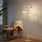 Dimmable Floor Lamp for Living Room, Bedroom, Gold Standing Lamp with 3pcs 6W Bulbs, Vintage Brass Floor Lamps for Corner, Nursery (Clear Tulip)