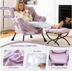 Lazy Chair with Ottoman, Modern Accent Chair with Lumbar Pillow, Velvet Light Purple Sofa, Lounge Chairs with Folding Footrest, Oversized Supportive Chairs for Bedroom, Reading
