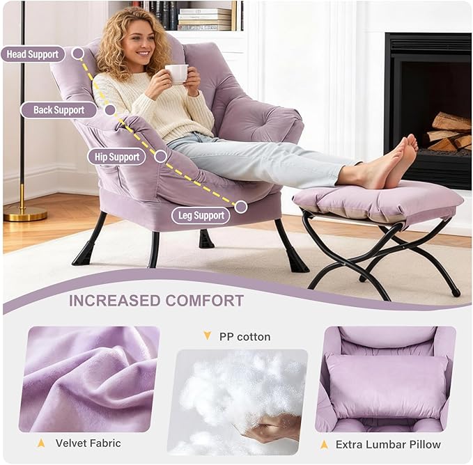 Lazy Chair with Ottoman, Modern Accent Chair with Lumbar Pillow, Velvet Light Purple Sofa, Lounge Chairs with Folding Footrest, Oversized Supportive Chairs for Bedroom, Reading