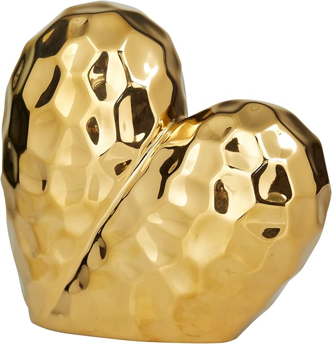 Deco 79 Porcelain Ceramic Heart Decorative Sculpture Dimensional Angled Origami Inspired Home Decor Statue, Accent Figurine 12" x 6" x 11", Gold