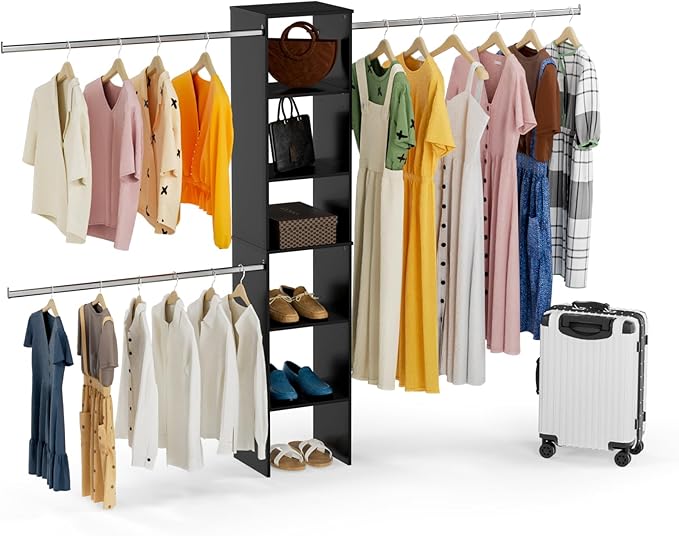Closet System, 17" Wide Closet Organizer System with 3 Hanging Rods, Wood Tower Closet Storage for Walk In Closets, Wall Mounted Wardrobe Organizer Kit, Bedroom, Fits Spaces 5-9 ft, Black