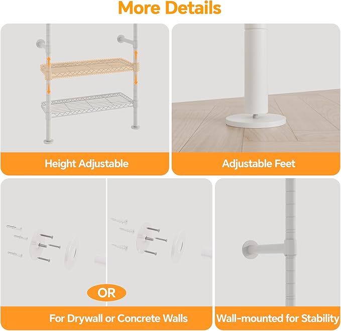 W4 Wall Mounted Closet System, Expandable Clothes Rack Heavy Duty Clothing Rack for Hanging Clothes, Industrial Pipe Closet Organizers for Reach in Closet, White