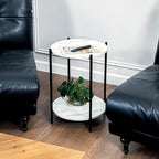 Small Round Side Table, 2-Tier Black End Table with Faux Marble Top, Modern Sofa Table for Small Spaces in Living Room, Couch, or Bedroom Nightstand (1 pcs Black, Round)