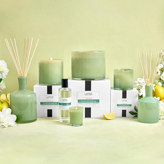 LAFCO New York Signature Reed Diffuser, Fresh Cut Gardenia - 15 oz - Up to 9 Months Fragrance Life - Reusable, Hand Blown Glass Vessel - Natural Wood Reeds - Made in The USA