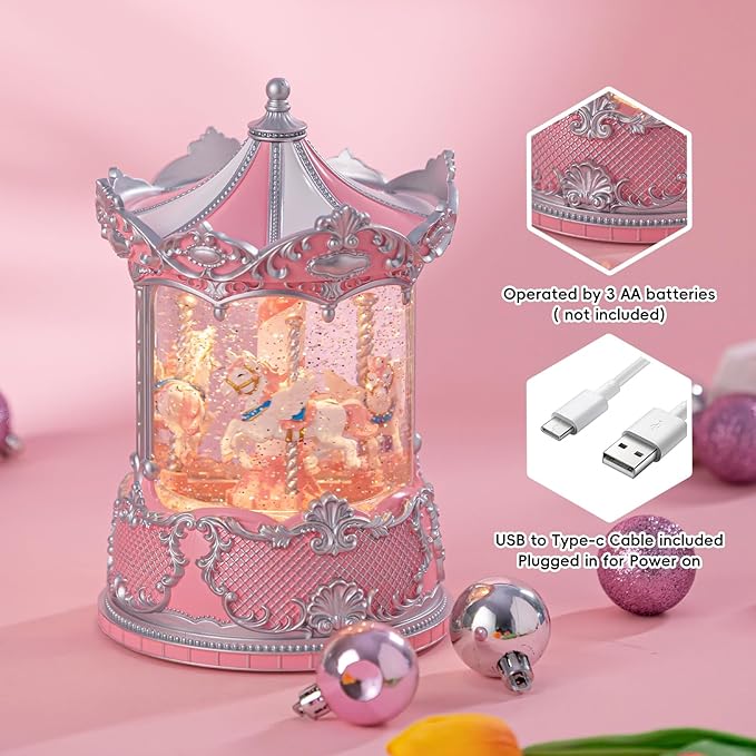 Snow Globe Lantern with Carousel–Shatterproof 8 Songs Musical Box Automatic Snowfall Led Light, USB&Battery Powered,Merry-Go-Round for Valentine’s Day Gift Present Birthday Home Decoration,Silver&Pink