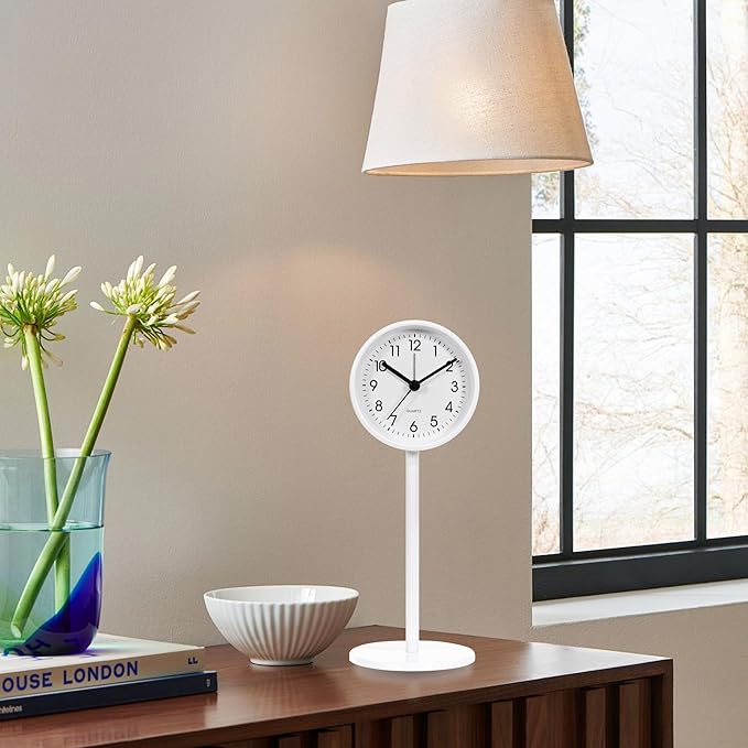 QIYAODECO® 3.2" Analog Alarm Clock,Small Retro Desk Clock Battery Operated,Slient Metal Table Clock with Light for Living Room Decor,Bedroom,Bedside,Shelf (White)
