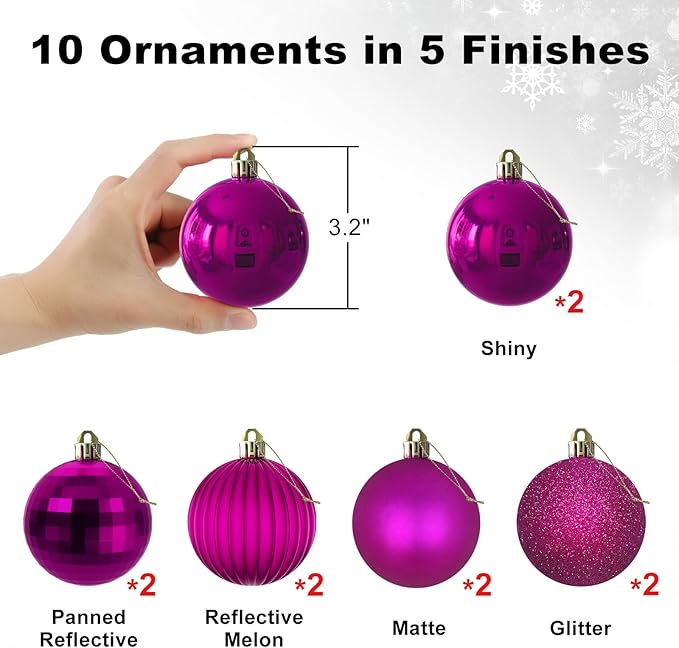 Fuchsia 3.2" Large Christmas Balls - Christmas Tree Decoration Ornaments Shatterproof Hanging Balls for Birthday Halloween Holiday Wedding Decorations Set of 10pcs