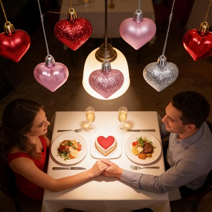36 Pcs Valentines Day Heart Ornaments Red Pink Silver Heart Shaped Tree Hanging Baubles Valentine's Decorations for Valentine Wedding Anniversary
