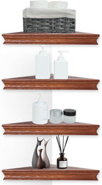 Corner Floating Shelf for Wall Set of 4,Triangular Corner Shelves Wall Mounted for Bedroom,Living Room,Bathroom,Kitchen-Dark Walnut
