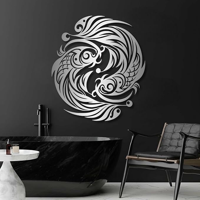 Maclou Koi Metal Wall Art, Fish Metal Wall Decor, Koi Fish Wall Decor, Japanese Art Wall Hangings for Living Room, Bathroom. Bathroom (White,24"x21" / 60x53cm)