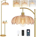Gold Floor Lamp with Table and Shelves for Living Room Bedroom,Glass Standing Lamp with Remote Dimmable,Boho Brass Tall Lamp Vintage Farmhouse Arc Flower Floor Light Bohemian