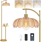 Gold Floor Lamp with Table and Shelves for Living Room Bedroom,Glass Standing Lamp with Remote Dimmable,Boho Brass Tall Lamp Vintage Farmhouse Arc Flower Floor Light Bohemian