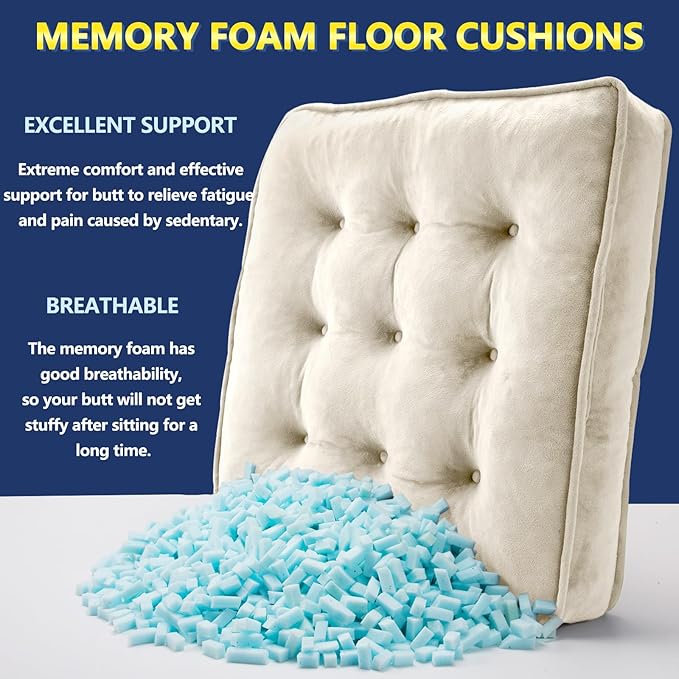 Floor Pillow Set of 2, Memory Foam Meditation Cushion, Floor Cushions for Adults Sitting, Large Square Seat Cushions for Yoga, Living Room, 20x20 Inch (Off-White)