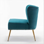 Thia Armless Velvet Accent Chair for Living Room, Elegant Seat with Nailhead Trim, Gold Metal Legs and Comfortable Curved Back, 28" D x 25" W x 29.5" H, Bluish Green