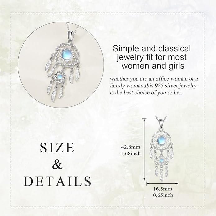 Dream Catcher Necklace Sterling Silver Moonstone Tree of Life Necklace for Women Dream Catcher Jewelry Gifts