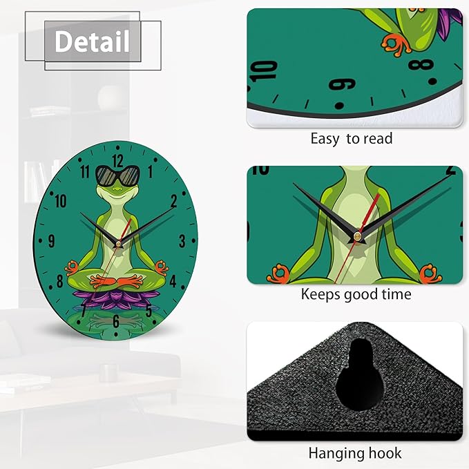 SPUNKER Wall Clock,Funny Frog Wall Clocks for Living Room Decor,Yoga Lotus Flower Kitchen Clocks Wall Battery Operated - 10 Inch Round Bathroom Wall Clock Silent Non-Ticking