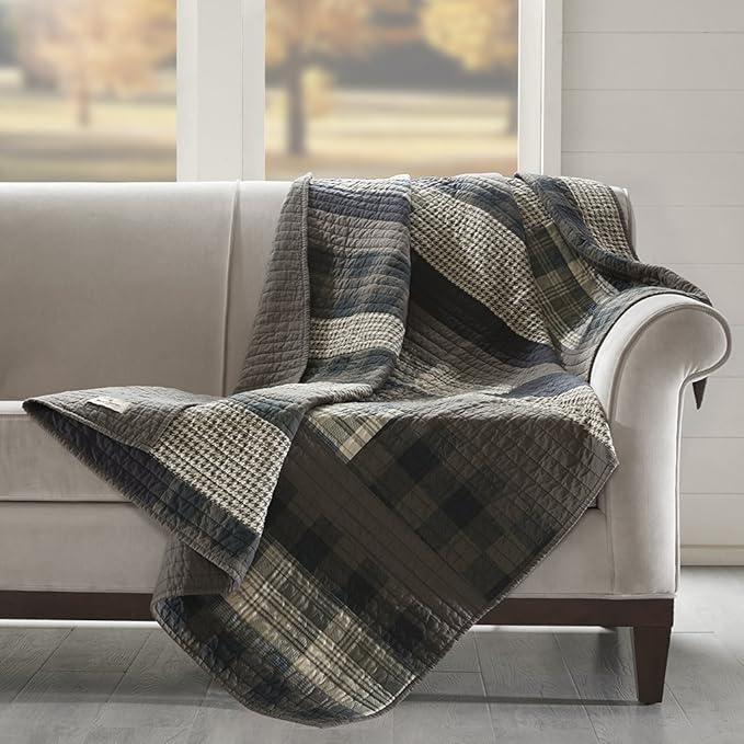 Woolrich Luxury Quilted Throw - Cabin Lifestyle, Patchwork with Moose Design All Season, Lightweight and Breathable Cozy Bedding Layer Throws for Couch Sofa, 50" W x 70" L, Winter Hills Taupe