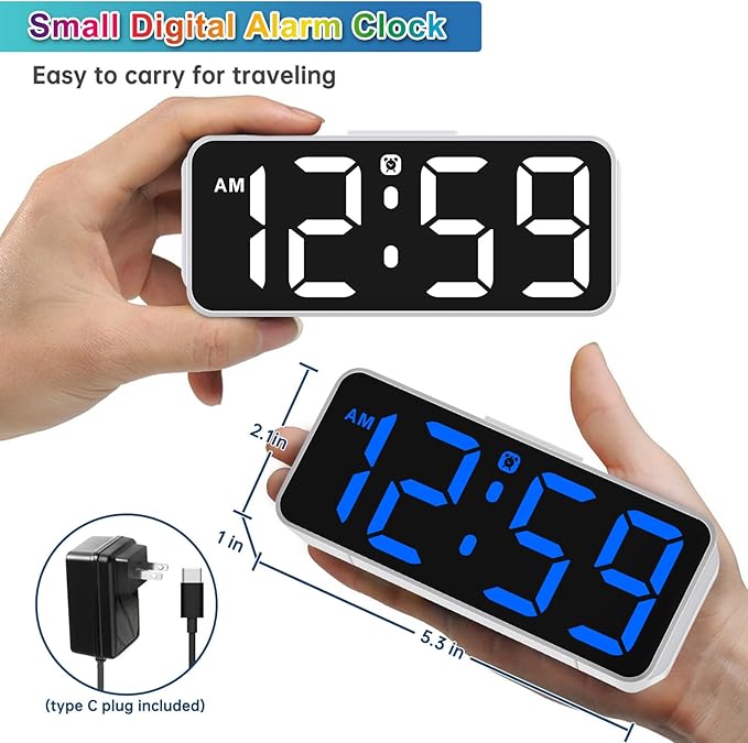 Peakeep Small Digital Alarm Clock Plug in for Kids Bedroom Bedside Nightstand, 8 RGB Colors Large Display Dimmable 6 Brightness, Corded Electric Battery Backup (White - RGB)