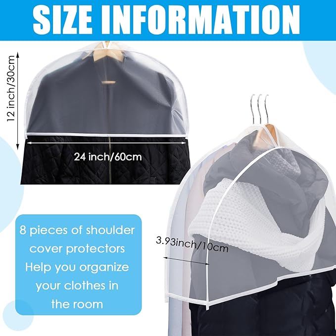 Patelai 8 Pcs 4" Gusseted Plastic Shoulder Covers for Hanging Clothes Coat Covers for Closet Clear Garment Breathable Bag for Jacket Clothing Coat Dress (Semi-transparent)
