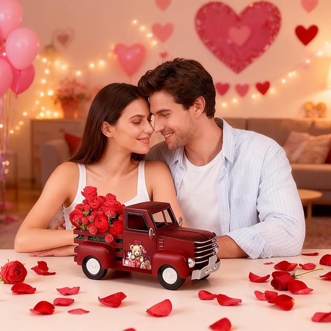 Valentines Day Truck Decor 12.2 Inch Farmhouse Vintage Metal Truck with 16 Magnet Valentines Table Decoration for Home Kitchen Spring Mantel Holiday Interchangeable Seasonal Decor(Red)