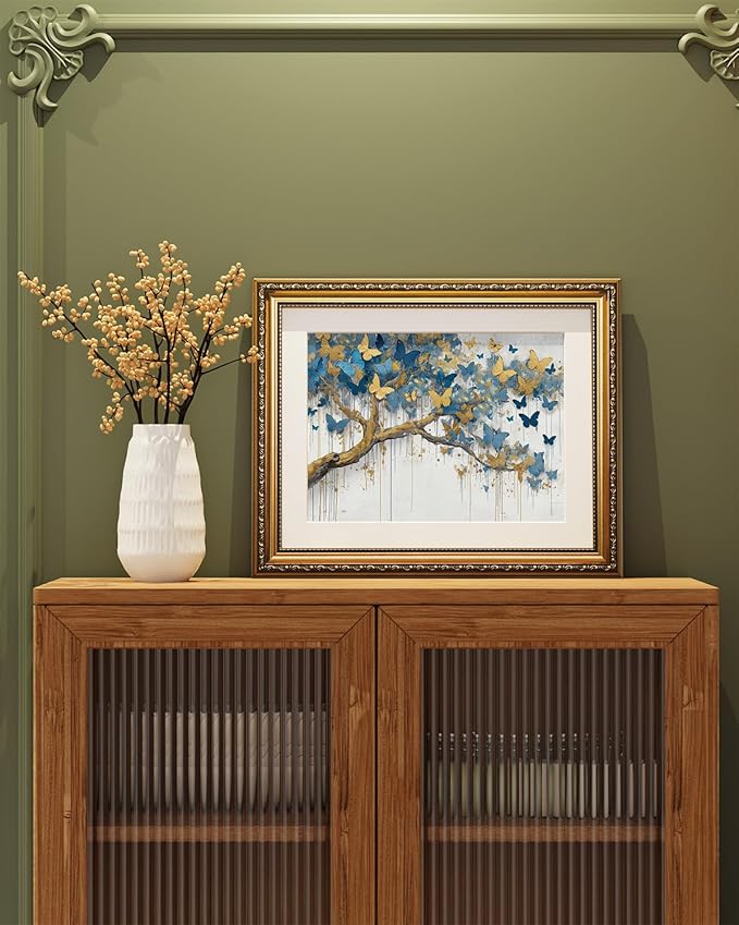 ARPEOTCY Vintage Gold Framed Wall Art Decor, 13x16 Inch Blue and Gold Butterfly Tree Canvas Print, Luxury Glam Wall Art for Living Room, Bedroom, or Office