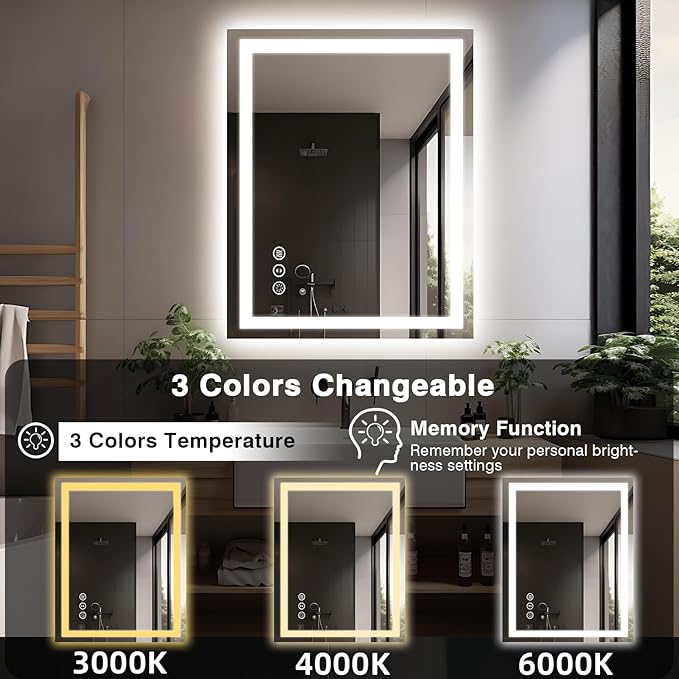 28"x36" LED Bathroom Mirrors for Wall, Front and Backlit Mirror, Anti-Fog Vanity Mirror with Lights, Stepless 3 Colors Dimmable Smart Lighted Mirror(Horizontal/Vertical)