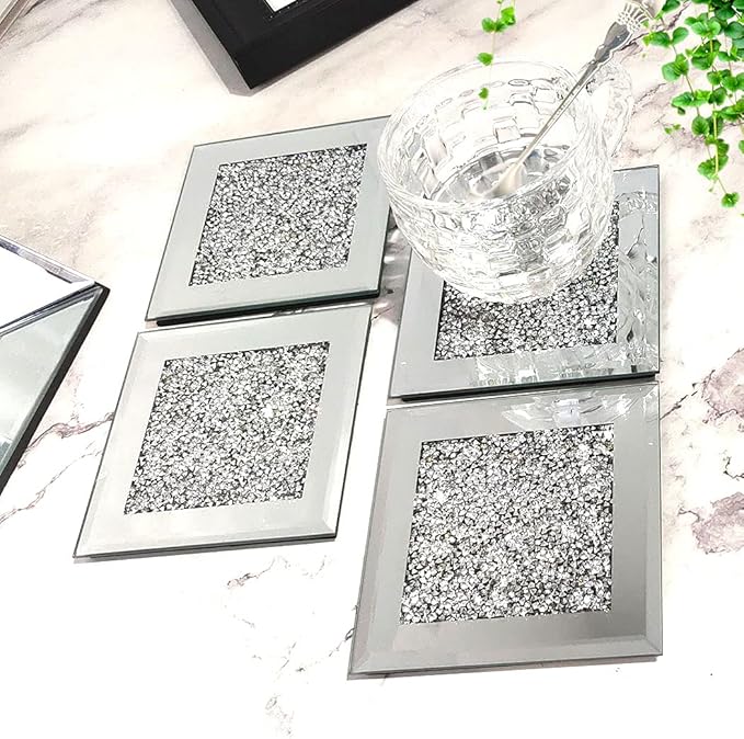 GIMORRTO Glass Mirrored Coaster 4 PC, Crushed Diamond Square Cup Mat 4" Decor on Tabletop for Bar Tools Dining Table