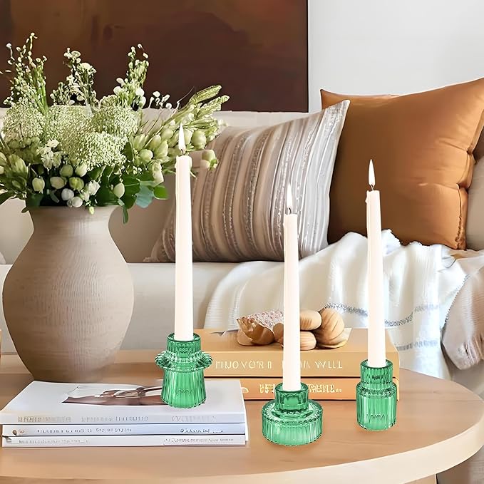 Double Sided Vintage Ribbed Taper Glass Candle Holders,Tea Candle Holder for Table Centerpieces, Wedding Decorations and Dinner Parties (Green, 3 PCS)
