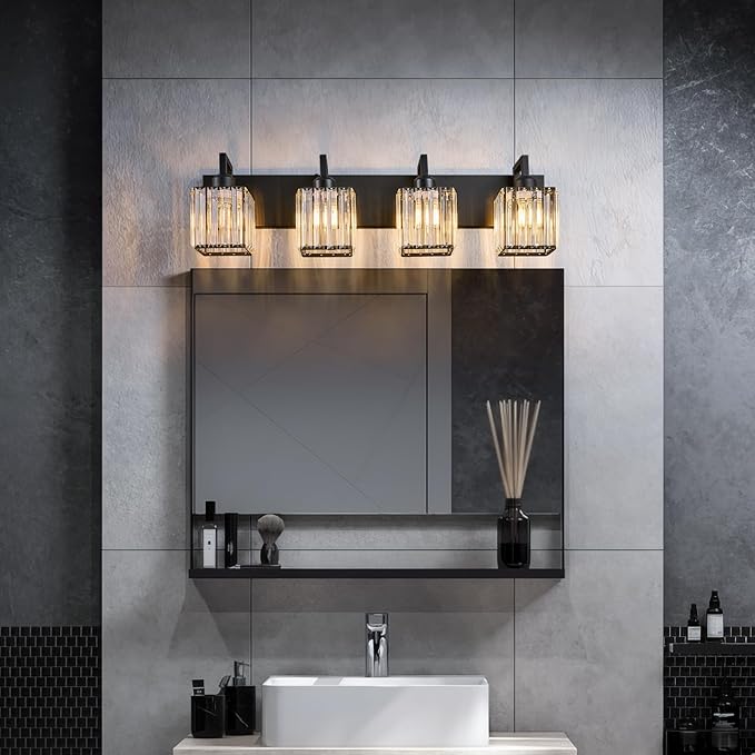 Black Bathroom Light Fixture, 4-Light Crystal Vanity Lighting, Bathroom Lighting Fixtures Over Mirror, Modern Crystal Wall Lamp