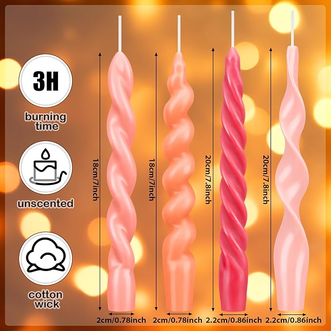 Nuanchu 4 Pcs 7.87 Inch Twisted Taper Candles Wax Unscented Smokeless Spiral Swirl Candlesticks for Wedding Holiday Dinner Party Home Decorations (Pink)