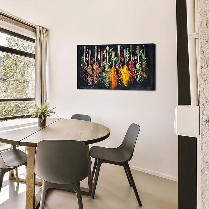 OuElegent Kitchen Canvas Wall Art Colorful Spices Herbs Seasoning Spoon Canvas Painting Colourful Artwork for Home Farmhouse Restaurant Wall Decoration Framed Ready to Hang 20"x36"